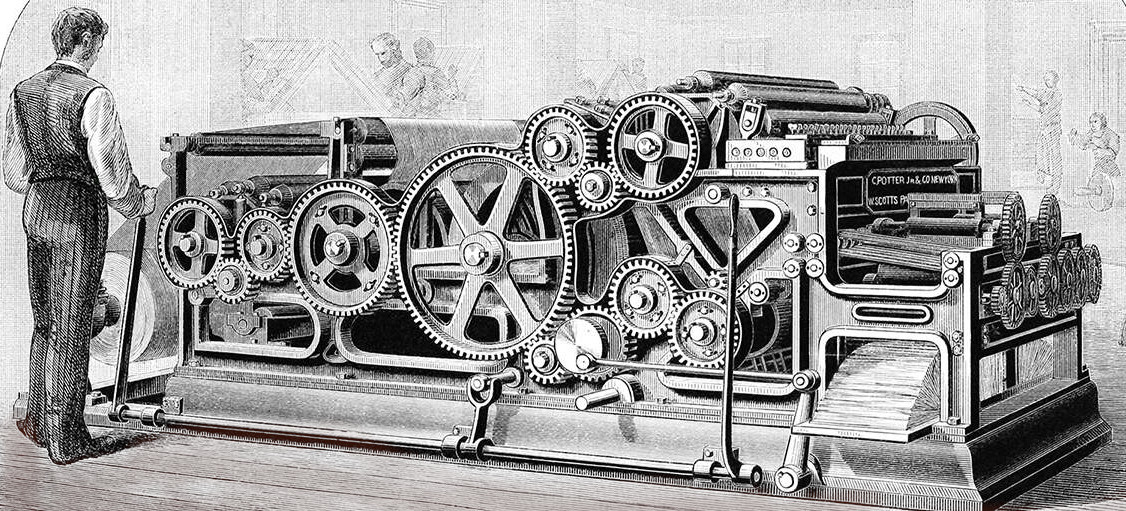 1800s black and white illustration. Man standing with his hand on the lever of a large printing press. Gears and rollers visible.